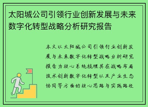 太阳城公司引领行业创新发展与未来数字化转型战略分析研究报告 太阳城公司引领行业创新发展与未来数字化转型战略分析研究报告