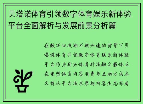 贝塔诺体育引领数字体育娱乐新体验平台全面解析与发展前景分析篇